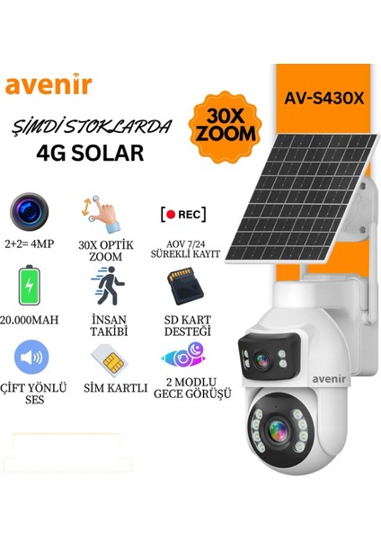 Krn Tekn Avenir AV-S430X 2 Panelli 30X Zoom Çift Kameralı E-Sim Aov Teknolisi 7/24 Kayıt