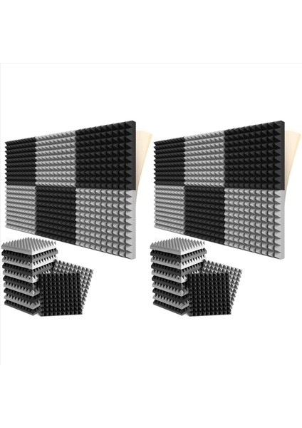 24 Paket Kendinden Yapışkan Ses Geçirmez Köpük Panelleri 2X12X12 Inç Piramit Tasarım Akustik Köpük Ev Stüdyosu Siyah + Gri (Yurt Dışından)