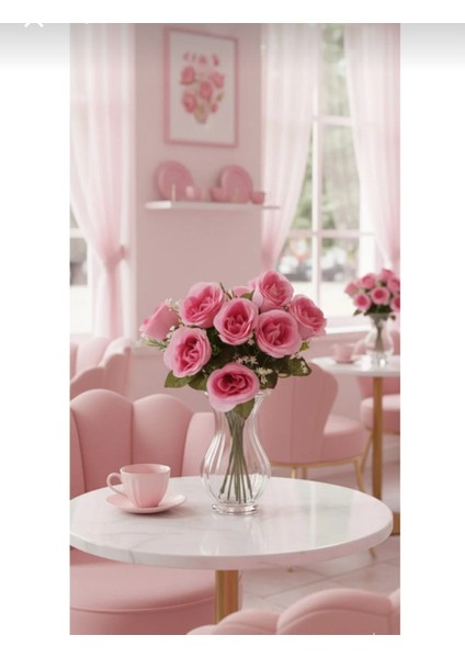 35 cm Şeker Pembe Yakamoz Gülü – 7’li Yapay Gül Buketi, Dekoratif ve Zarif Aranjman