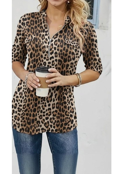 Kadın Uzun Kollu Hakim Yaka Yakadan Fermuarlı Geometrik Desenli Süprem Bluz modelleri