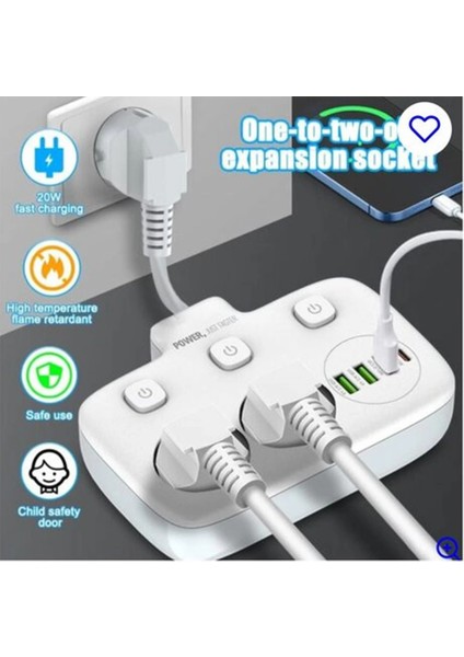 Akım Korumalı 2’li Ayrı Anahtarlı Priz, 2x Priz, 3x Usb, 1x Type-C, 2 mt Kablo, Hızlı Şarj