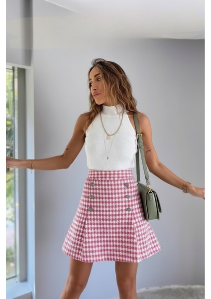 Kazayağı Desenli Pembe Mini Etek fiyatları