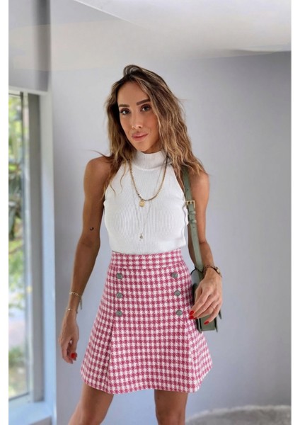 Kazayağı Desenli Pembe Mini Etek modelleri