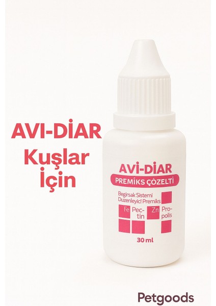 Avi -Diar 30CC Kafes Kuşlar Için Bağırsak Sindirim Sistemi Güçlendirici Kullanım Sahası Avi-Diar Çözelti