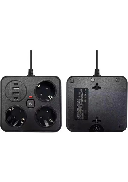 Akım Korumalı Anahtarlı Priz - 3x Priz - 2x USB - 2x Type-C - 2 mt Kablo Hızlı Şarj Özellikli