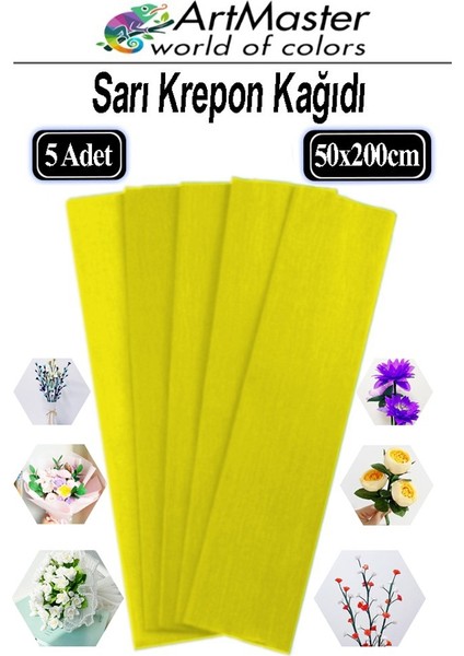 Krapon Kağıdı Sarı Renk 5 Adet 50X200 cm Grapon Kağıdı 5'li Okul Proje Sınıf Anaokulu Kreş Süsleme