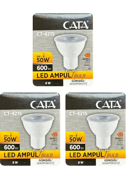 (3 adet) Cata 8W (50W) 3000K (Sarı Işık) GU10 DUYLU LED Spot Ampul