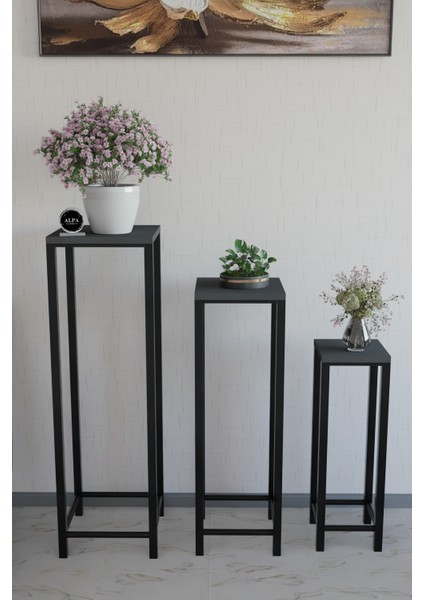 Modern 3'lü Metal Ayaklı Saksılık Dekoratif Çiçeklik Çok Amaçlı Yan Sehpa