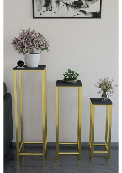 Modern 3'lü Metal Ayaklı Saksılık Dekoratif Çiçeklik Çok Amaçlı Yan Sehpa