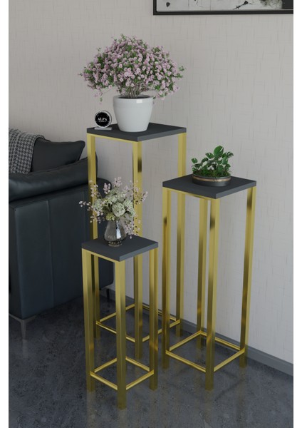 Modern 3'lü Metal Ayaklı Saksılık Dekoratif Çiçeklik Çok Amaçlı Yan Sehpa fırsatları
