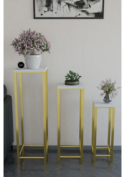 Modern 3'lü Metal Ayaklı Saksılık Dekoratif Çiçeklik Çok Amaçlı Yan Sehpa