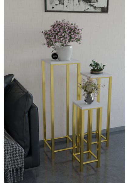 Modern 3'lü Metal Ayaklı Saksılık Dekoratif Çiçeklik Çok Amaçlı Yan Sehpa fırsatları