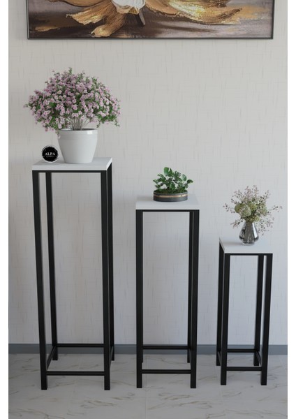 Modern 3'lü Metal Ayaklı Saksılık Dekoratif Çiçeklik Çok Amaçlı Yan Sehpa