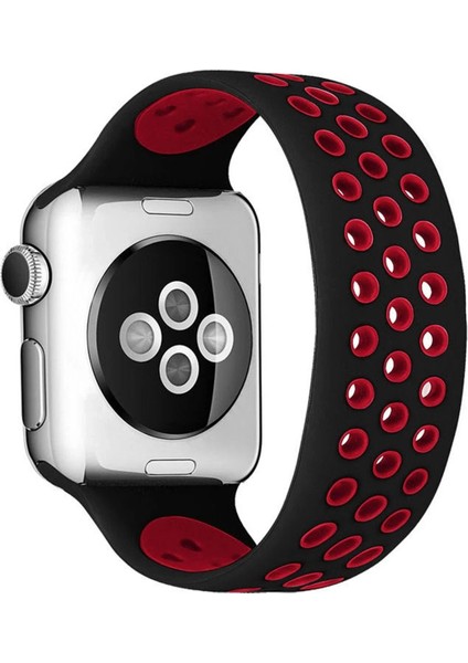 CPT83 Apple Watch 42MM Ayarlı Delikli Silikon Kordon - Siyah-Kırmızı