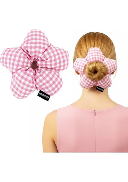 El Yapımı Pembe Beyaz Pötikareli Çiçek Scrunchie Topuz Tokası