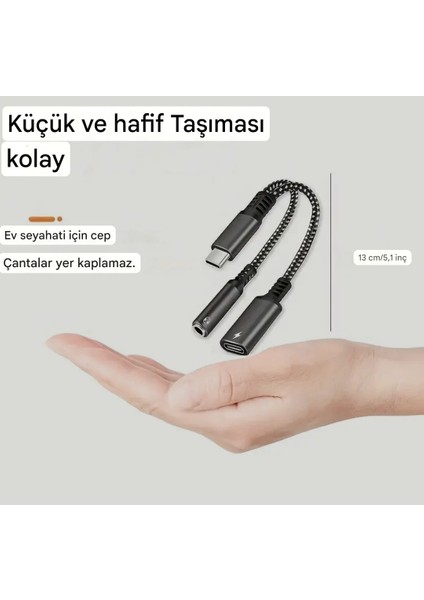 2'si 1 Arada Type-C To 3.5mm+60W Hızlı Şarj ve Kulaklık Çevirici CE Lisanslı Hasır Örgülü Sağlam