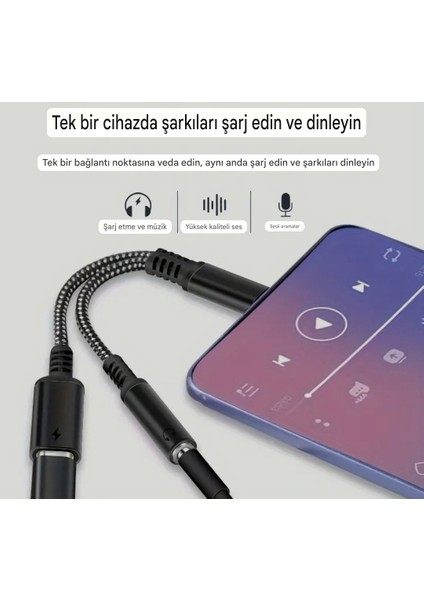2'si 1 Arada Type-C To 3.5mm+60W Hızlı Şarj ve Kulaklık Çevirici CE Lisanslı Hasır Örgülü Sağlam