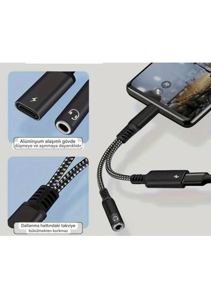 2'si 1 Arada Type-C To 3.5mm+60W Hızlı Şarj ve Kulaklık Çevirici CE Lisanslı Hasır Örgülü Sağlam
