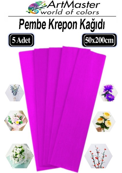 Krapon Kağıdı Pembe Renk 5 Adet 50X200 cm Grapon Kağıdı 5'li Okul Proje Sınıf Anaokulu Kreş Süsleme