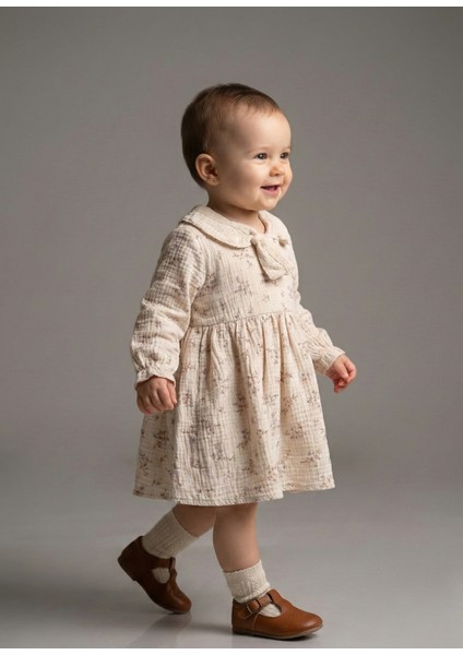 Kız Bebek Bebe Yaka Fiyonklu Çıtır Çiçek Desenli Müslin Elbise