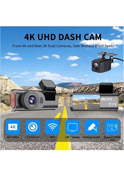 4K Wifi Çift Kameralı Araç Kamerası Gece Görüşlü G-Sensörlü Dash Cam 170 Derece fiyatları