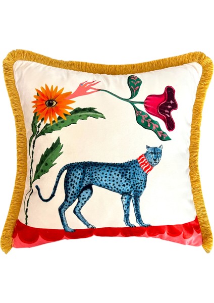 Boho Çiçek ve Leopar Desenli Kadife Yastık Kılıfı – 50X50 cm – Püsküllü Dekoratif Kırlent Kılıfı