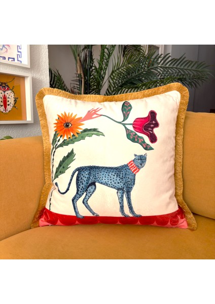 Boho Çiçek ve Leopar Desenli Kadife Yastık Kılıfı – 50X50 cm – Püsküllü Dekoratif Kırlent Kılıfı fiyatları