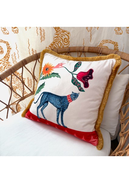 Boho Çiçek ve Leopar Desenli Kadife Yastık Kılıfı – 50X50 cm – Püsküllü Dekoratif Kırlent Kılıfı modelleri