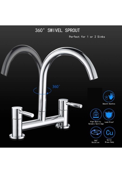 Mutfak Lavabo Mikseri Musluğu, 2 Delikli Mutfak Mikseri Musluğu, Çift Kol Köprü Musluğu, 180MM Merkezler Güverte Monte Edilmiş, 1/4 Tur, Döner (Yurt Dışından) indirimleri
