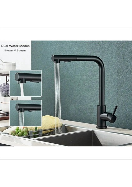 Siyah Çekin Mutfak Lavabo Musluğu Esnek 2 Mod Akarsu ve Püskürtücü Nozul Muslukları Paslanmaz Çelik Sıcak Soğuk Dokun (Yurt Dışından) indirimleri