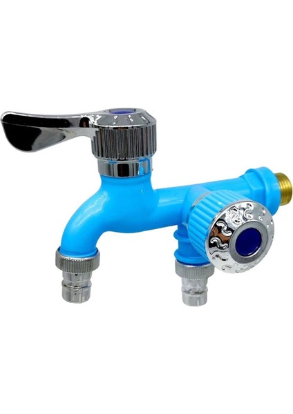 1/2inch Evrensel Arayüz Musluğu Çift Çıkış Çift Kontrol Su Musluk Ev Banyo Hortumu Sulama Konnektörü Mavi (Yurt Dışından)