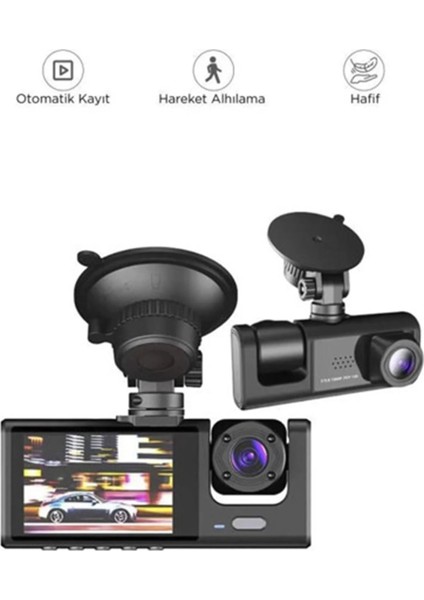 Araç Içi 1080P 3 Kameralı LCD Ekranlı Gece Görüşlü , G-Sensör , Geri Görüş Kamera