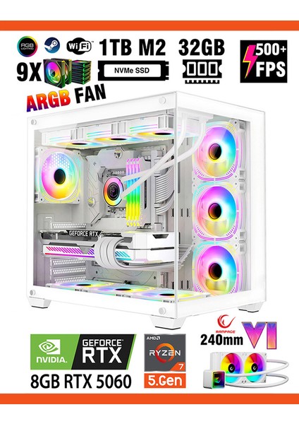 Mirage X50 Pro White Ryzen 7 5700X 32GB 1TB M.2 SSD RTX5060 Sıvı Soğutmalı Oyuncu Bilgisayarı