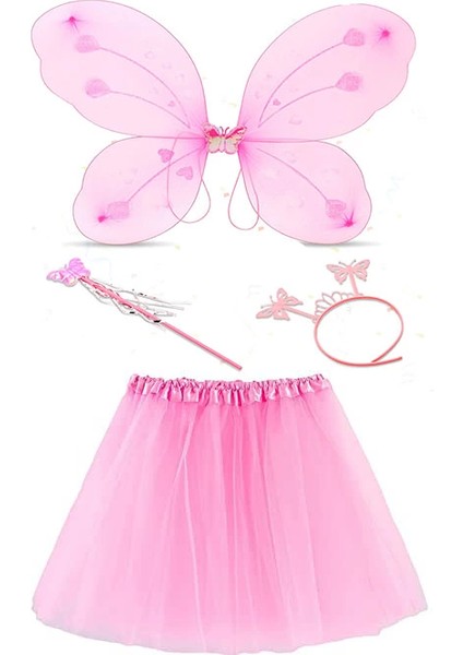 Toz Pembe Kelebek Kostümü - Toz Pembe Kelebek Kostüm Aksesuar Seti 4 Parça