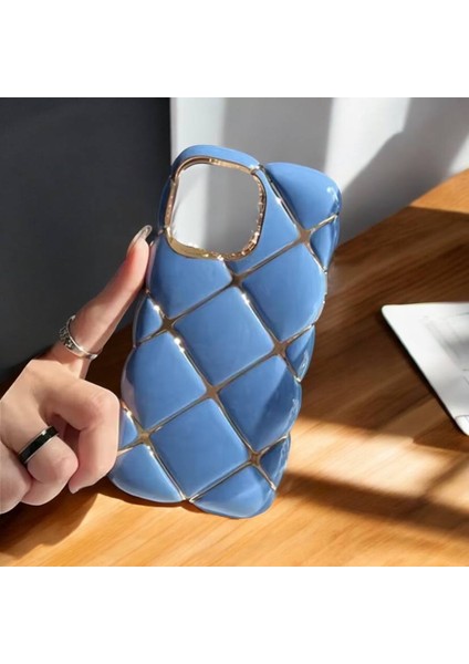 Apple Iphone 11 Yumuşak Silikon Kılıf Darbeye Dayanıklı Kapak Altın Çizgili Mavi Baklava .