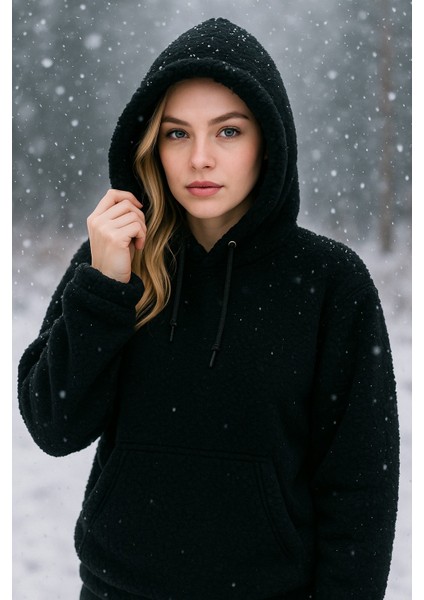 Peluş Kapüşonlu Kanguru Cepli Kadın Sweatshirt Siyah