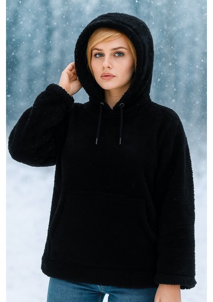 Peluş Kapüşonlu Kanguru Cepli Kadın Sweatshirt Siyah fiyatları