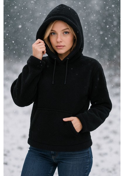 Peluş Kapüşonlu Kanguru Cepli Kadın Sweatshirt Siyah modelleri