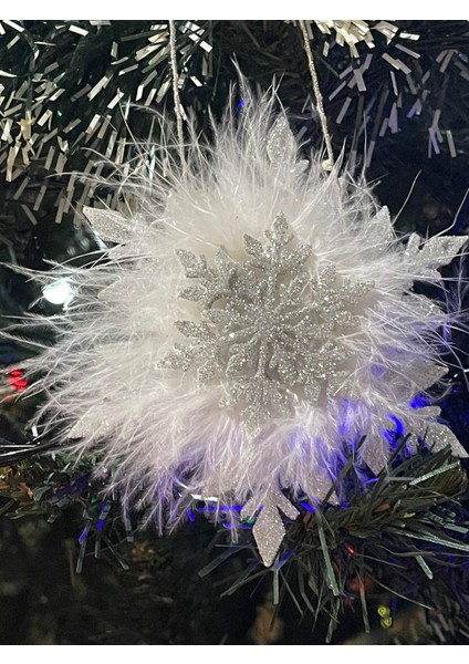 Yılbaşı Ağaç Süsü, Simli Kar Kristali Şeklinde Tüy Dekorlu 11 Cm, 3 Adet