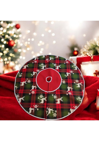 Kırmızı Yeşil Geyikli Yılbaşı Ayak Halısı, Yılbaşı Ağacı Altı Örtüsü, Yeniyıl Çam Ağacı Eteği Yıkanabilir Cırtlı