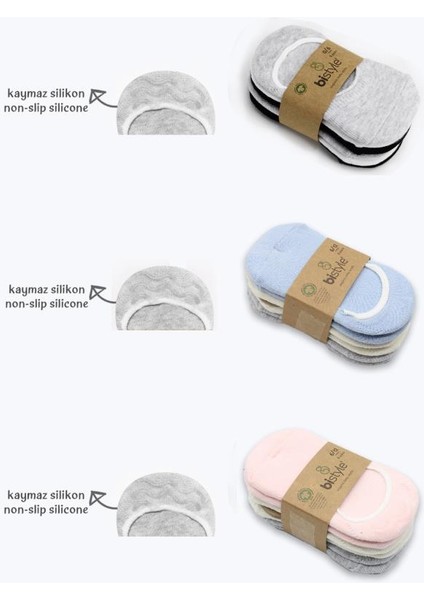 Nessiworld 6'lı Silikonlu Babet Penye Çorap BS30101B Mavi Ekru Gri modelleri