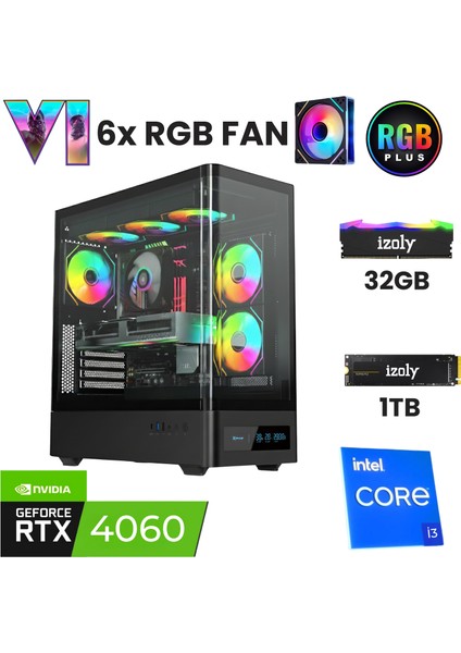 Odin I3 12100F 32GB Ddr4 Ram 1tb Nvme M.2 SSD RTX4060 8gb Oyuncu Masaüstü Bilgisayarı