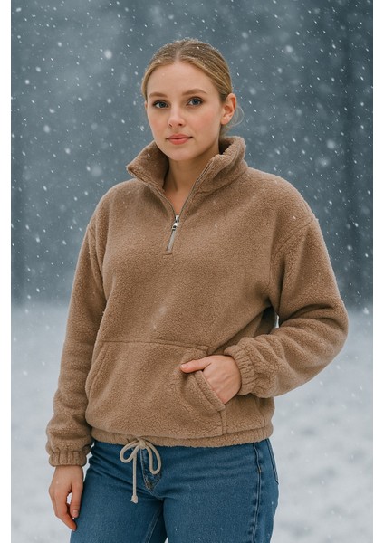 Peluş Yarım Fermuarlı Büzgülü Kanguru Cepli Kadın Sweatshirt Açık Kahverengi fiyatları