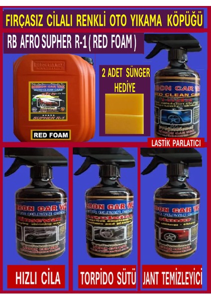 Fırçasız Cilalı Oto Yıkama köpüğü-Şampuanı +Pratik Cila+Torpido Sütü+Lastik Parlatıcı+Jant Temizleyici.