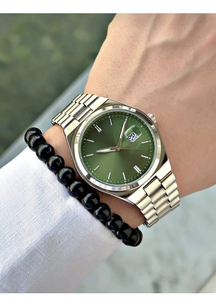 Analog Quartz Makina Gümüş Çelik Kordon Yeşil Kadran Erkek Kol Saati