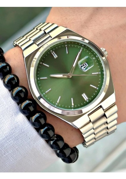 Analog Quartz Makina Gümüş Çelik Kordon Yeşil Kadran Erkek Kol Saati modelleri