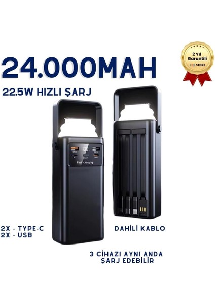 24.000mAh Dijital Göstergeli Taşınabilir Kulplu 22.5W Hızlı Şarjlı Dahili Kablolu LED Fenerli Powerbank Type-C, Lightning, USB Hafif Askı Aparatlı Kamp Uyumlu Dayanıklı fırsatları
