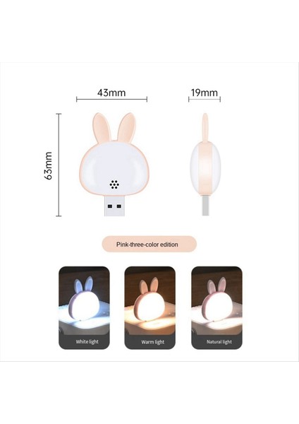 2pcs USB Okuma Lambası, Mini Tavşan Gece Işığı, Akıllı Ses 3 Renkli Masa Lambası Yatak Odası Çocuk Odası Beyaz (Yurt Dışından)