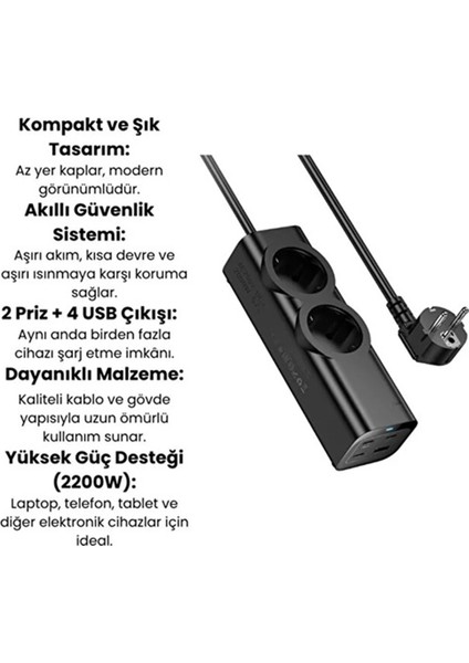 67W Hızlı Şarjlı Akıllı Çoklu Priz – 2000W Güç, 2 Usb-C + 2 Usb-A Çıkışlı, Telefon & indirimleri