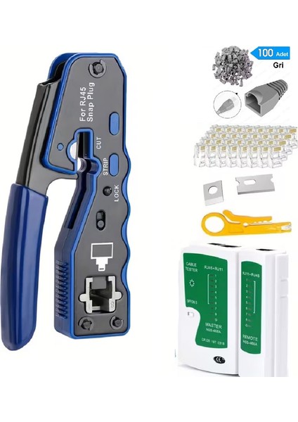 Cat7/cat6 Yeni Nesil Pense 8P8C + 100 Adet Delikli Jak + Test Cihazı + 100 Adet Cover + Kablo Soyucu
